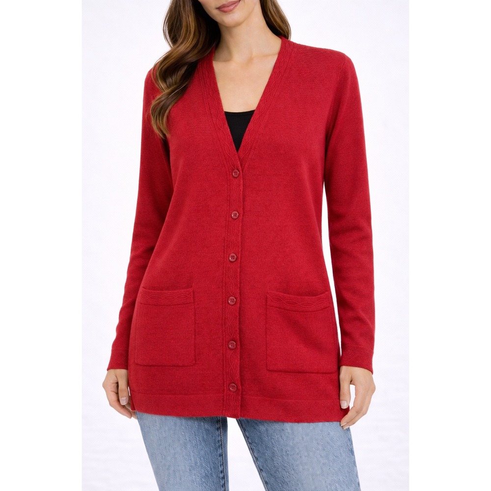 TALBOTS 100% Merino Wool V-Neck Button-Up Cardigan Pockets Red Women Size Small